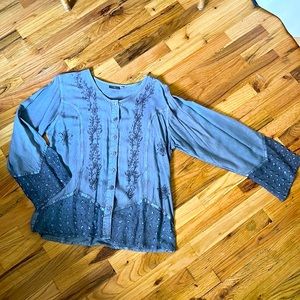 NWOT Blue L’Pogee Embroidered Vintage Y2K Womens Blouse, One Size